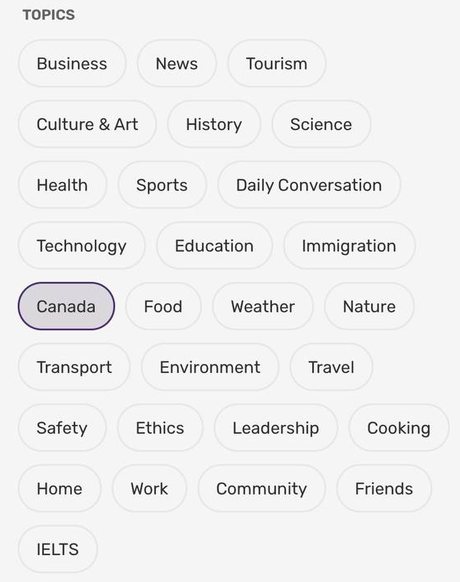 The Search screen in the SpeakingCamps app with the Canada topic selected